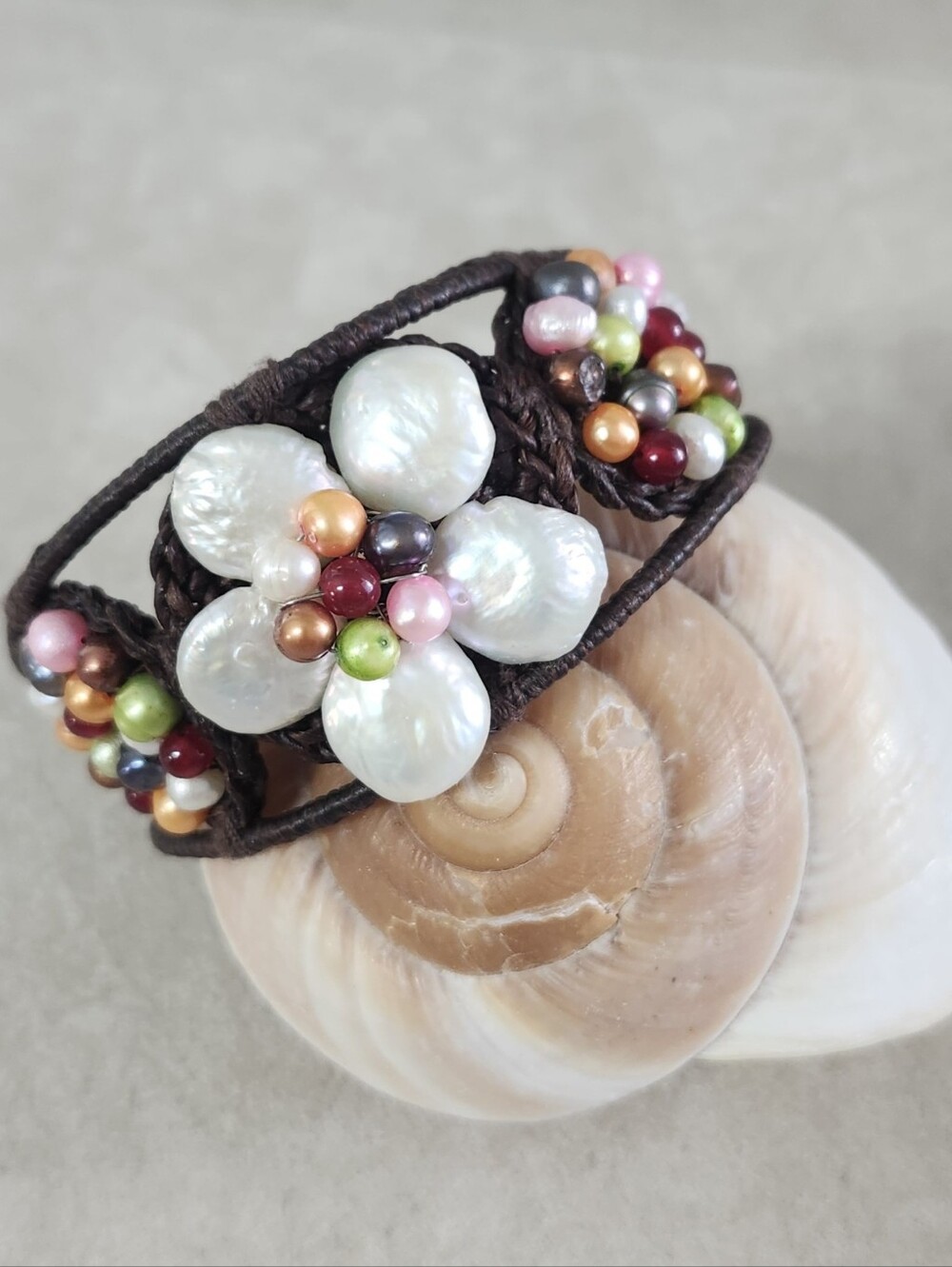 Freshwater Pearl Flower Cuff Bracelet, Multicolor Boho Statement Bracelet